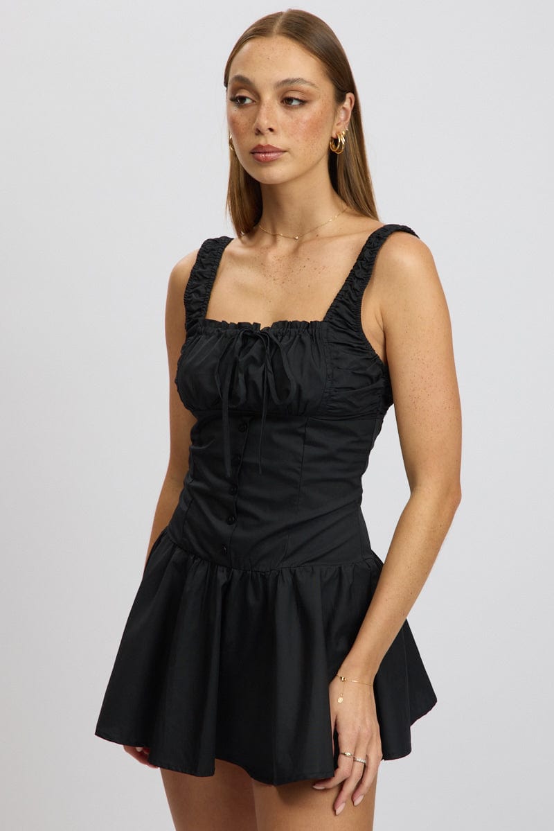 Black Mini Dress Drop Waist Poplin