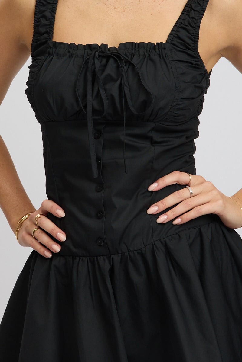 Black Mini Dress Drop Waist Poplin