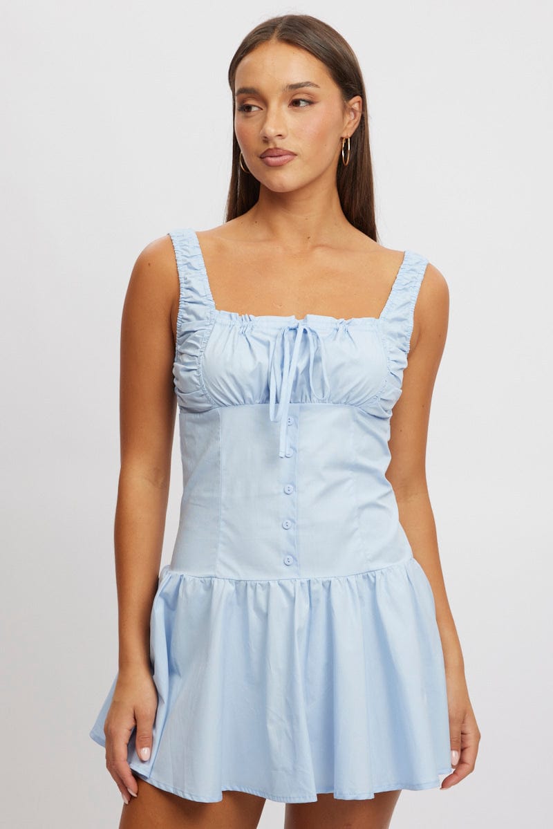 Blue Mini Dress Drop Waist Poplin