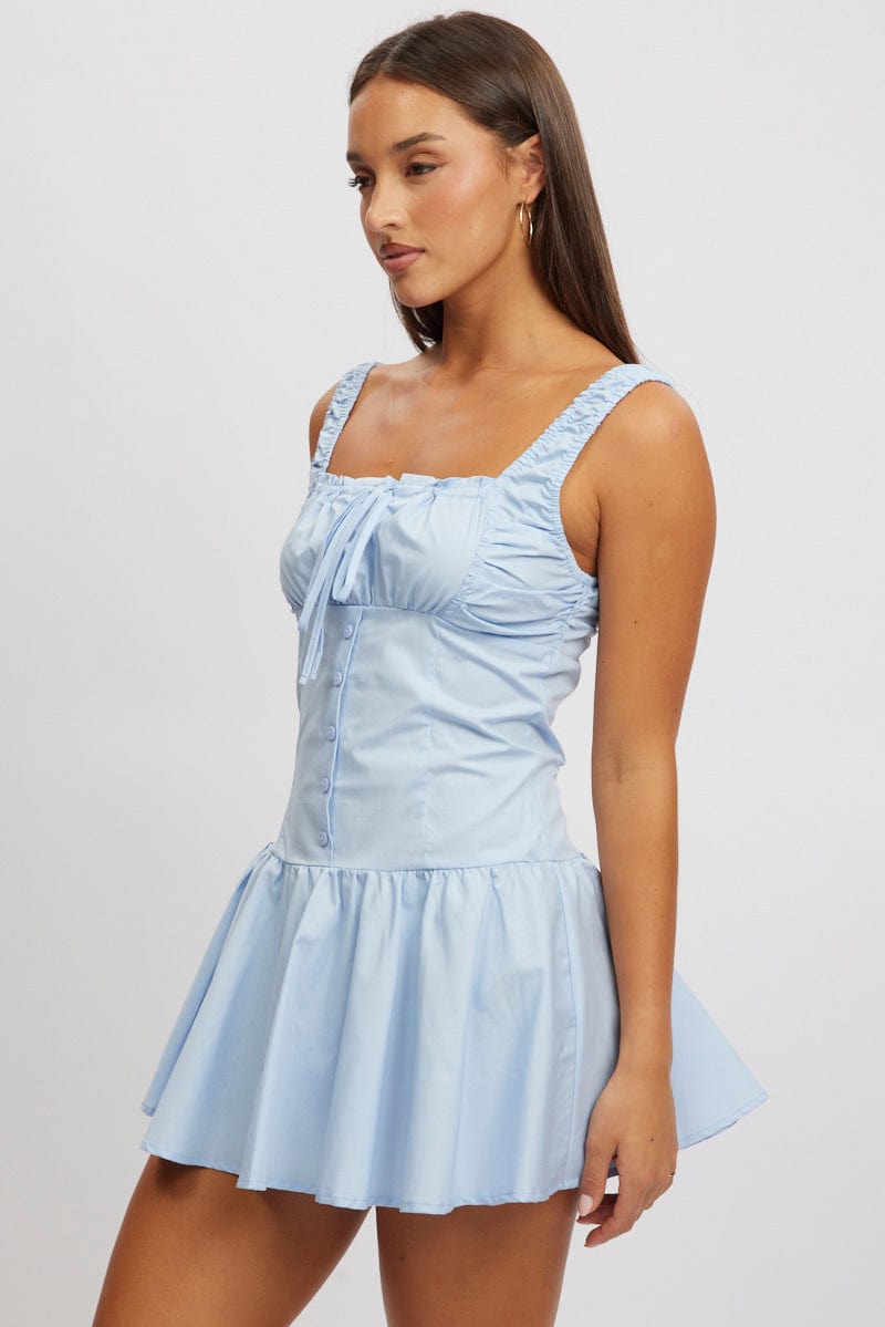 Blue Mini Dress Drop Waist Poplin