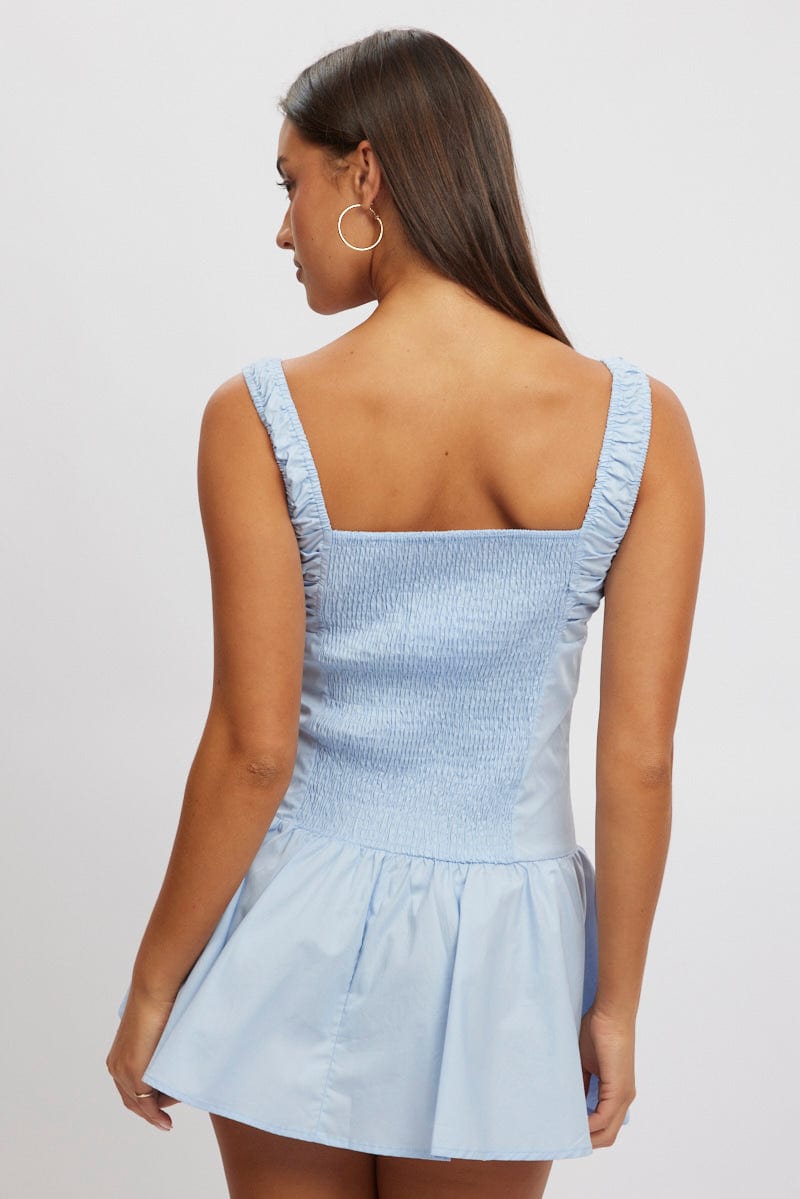 Blue Mini Dress Drop Waist Poplin
