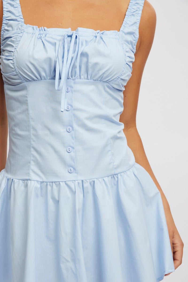 Blue Mini Dress Drop Waist Poplin