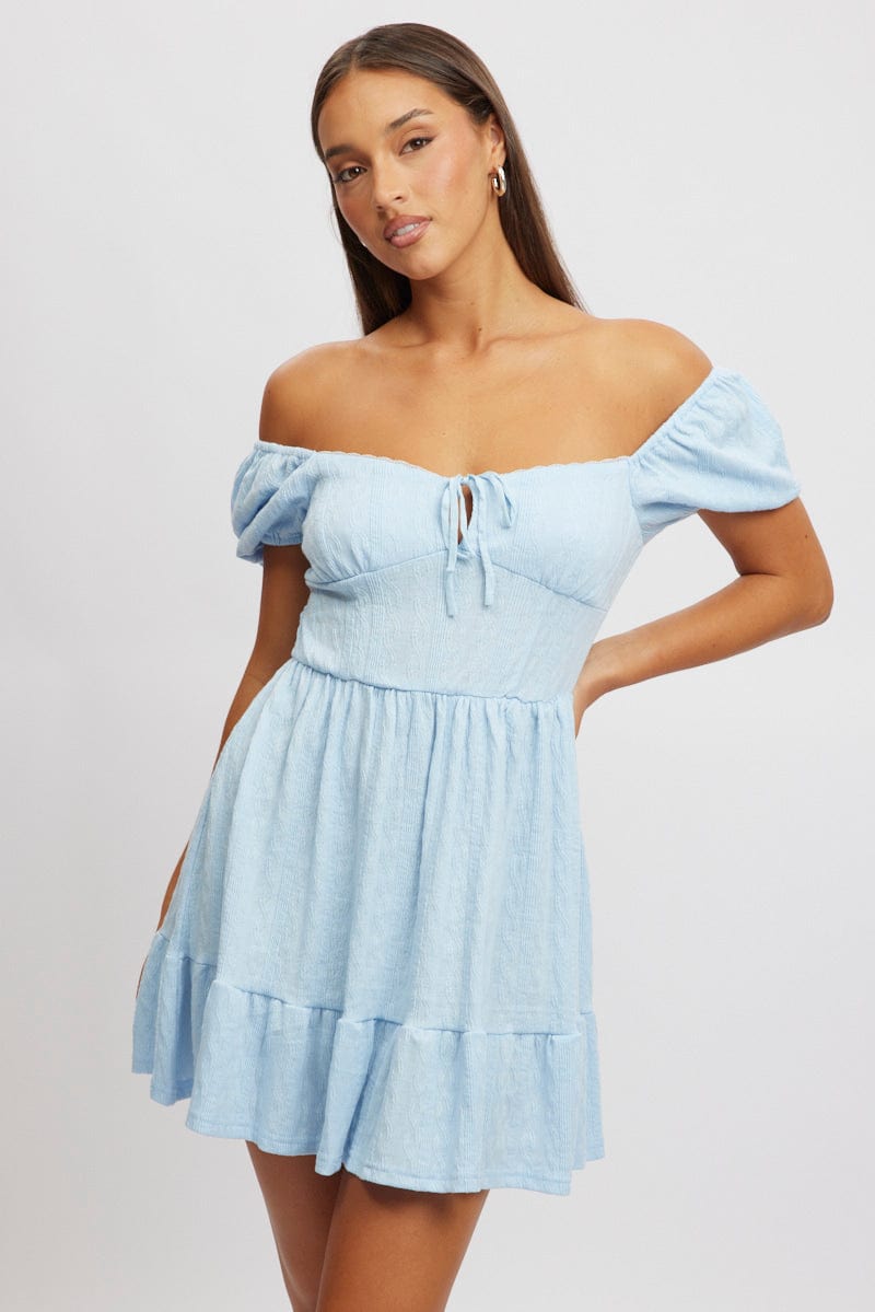Blue Fit And Flare Dress Mini Lace