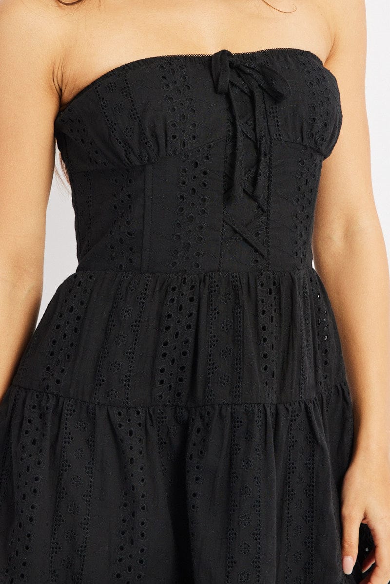 Black Strapless Mini Dress Eyelet Fabric