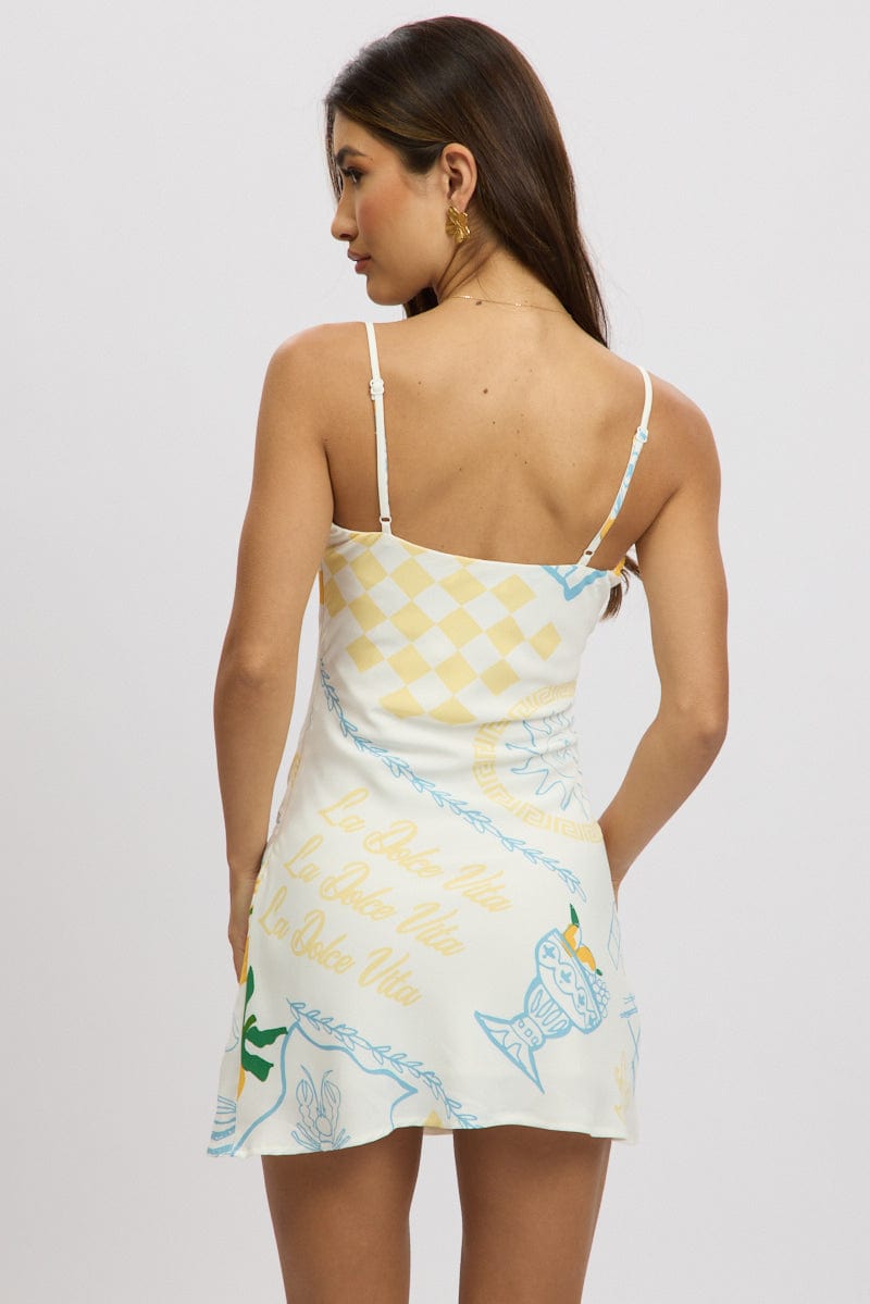 Blue Abstract Mini Dress V-Neck Strappy