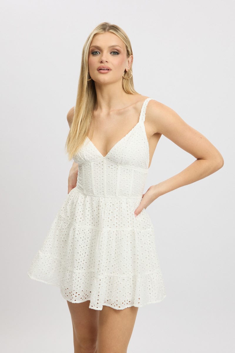 White Fit And Flare Dress Mini Eyelet Fabric
