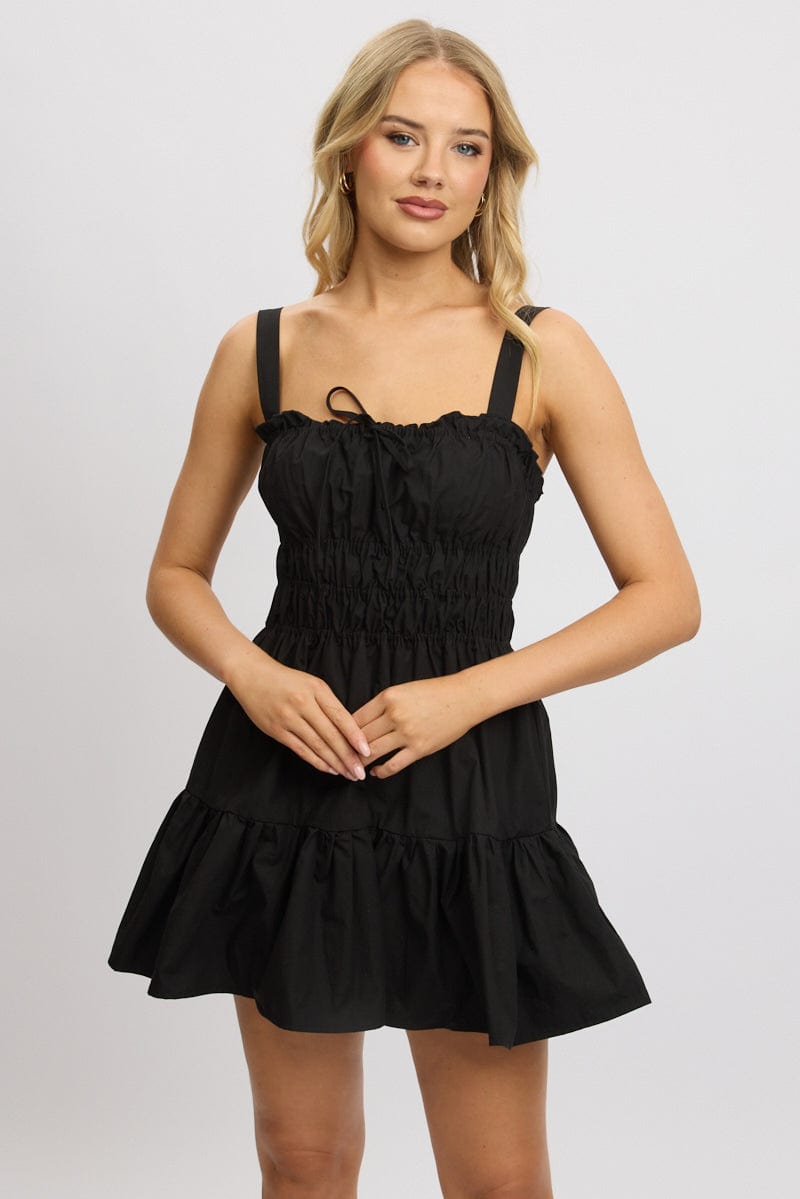 Black Fit And Flare Dress Mini Poplin