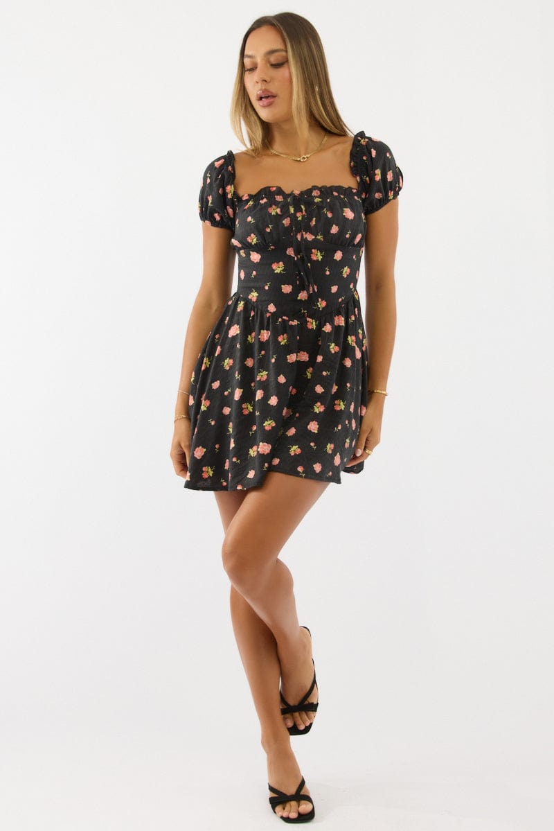 Black Ditsy Fit And Flare Dress Mini