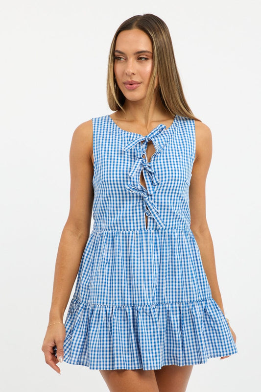 Blue Check Mini Dress Ribbon Detail