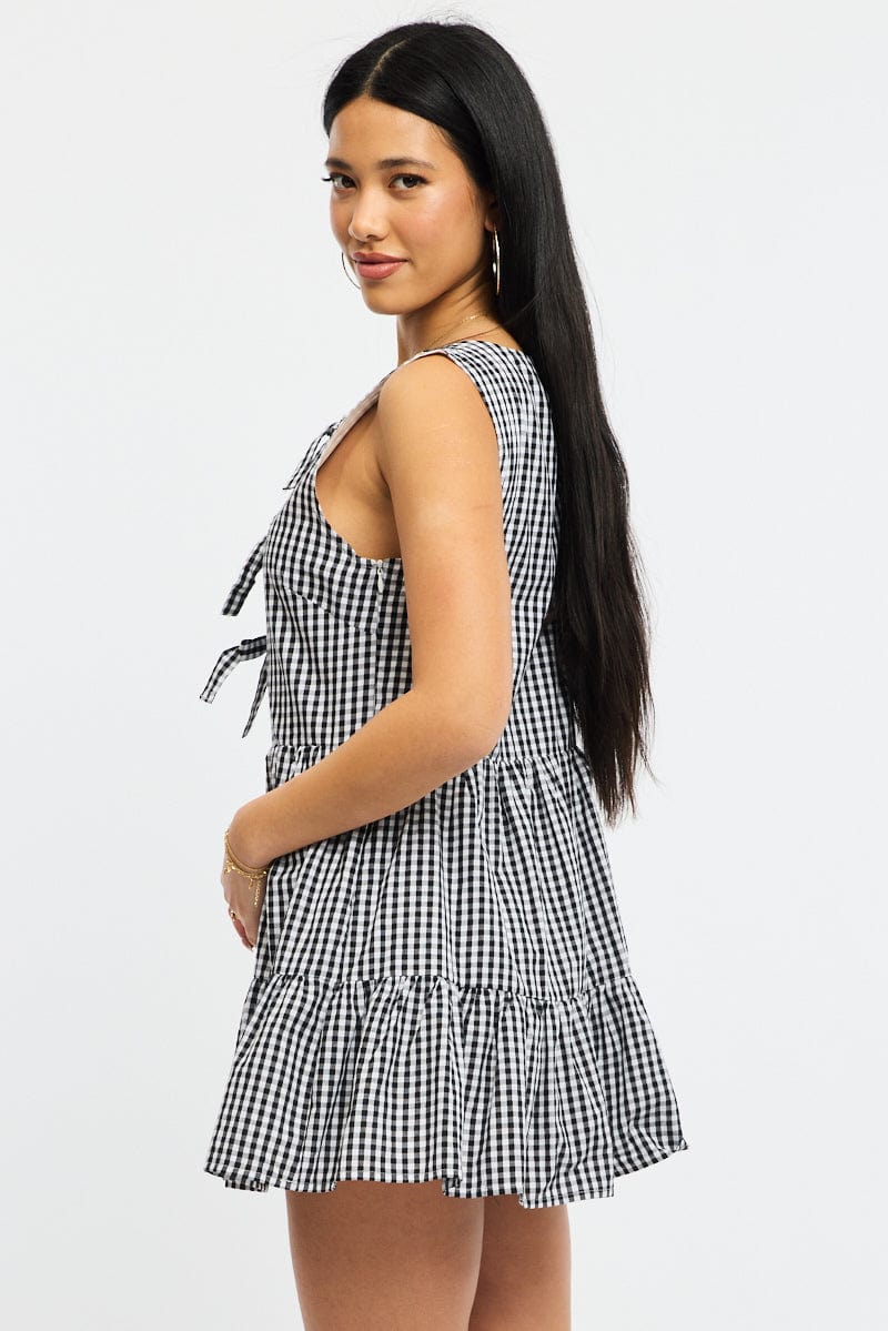 Black Check Mini Dress Ribbon Detail