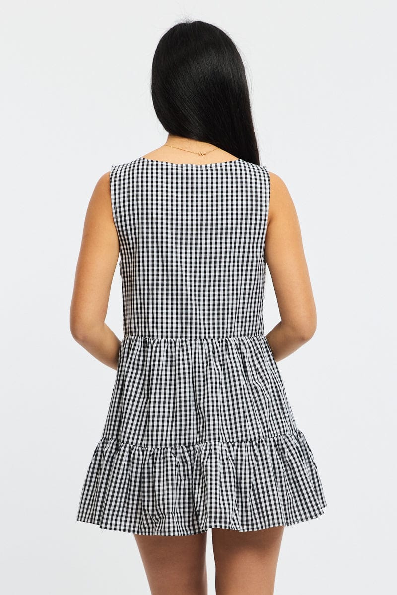 Black Check Mini Dress Ribbon Detail