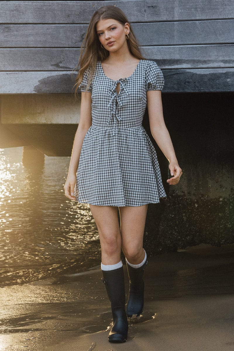 Black Check Mini Dress Ribbon Detail