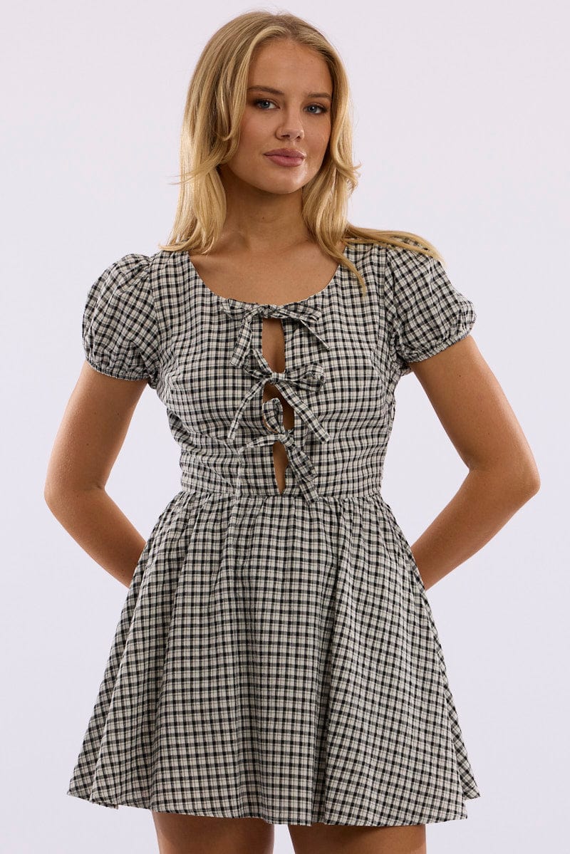 Black Check Mini Dress Ribbon Detail