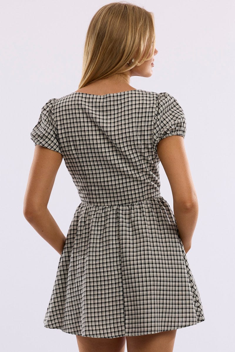 Black Check Mini Dress Ribbon Detail