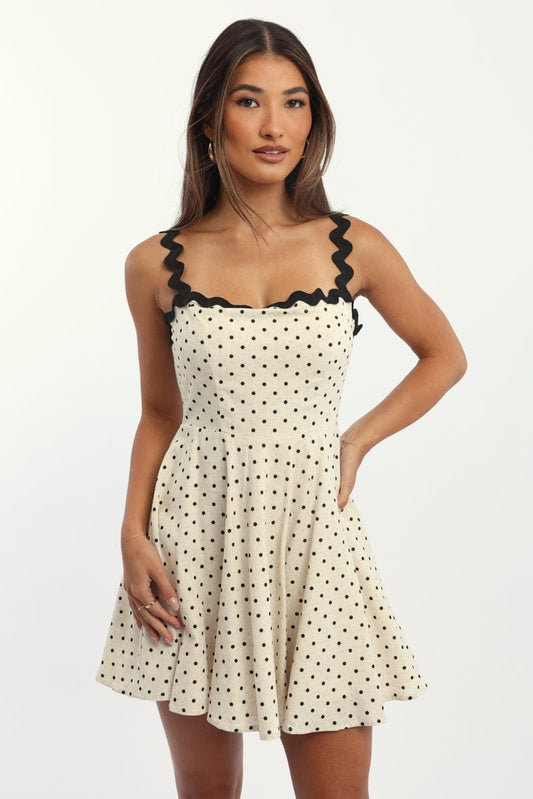 Beige Polka Dot Fit And Flare Dress Mini