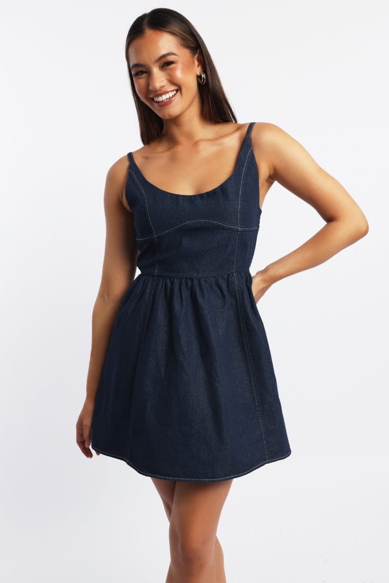 Blue Fit And Flare Dress Mini