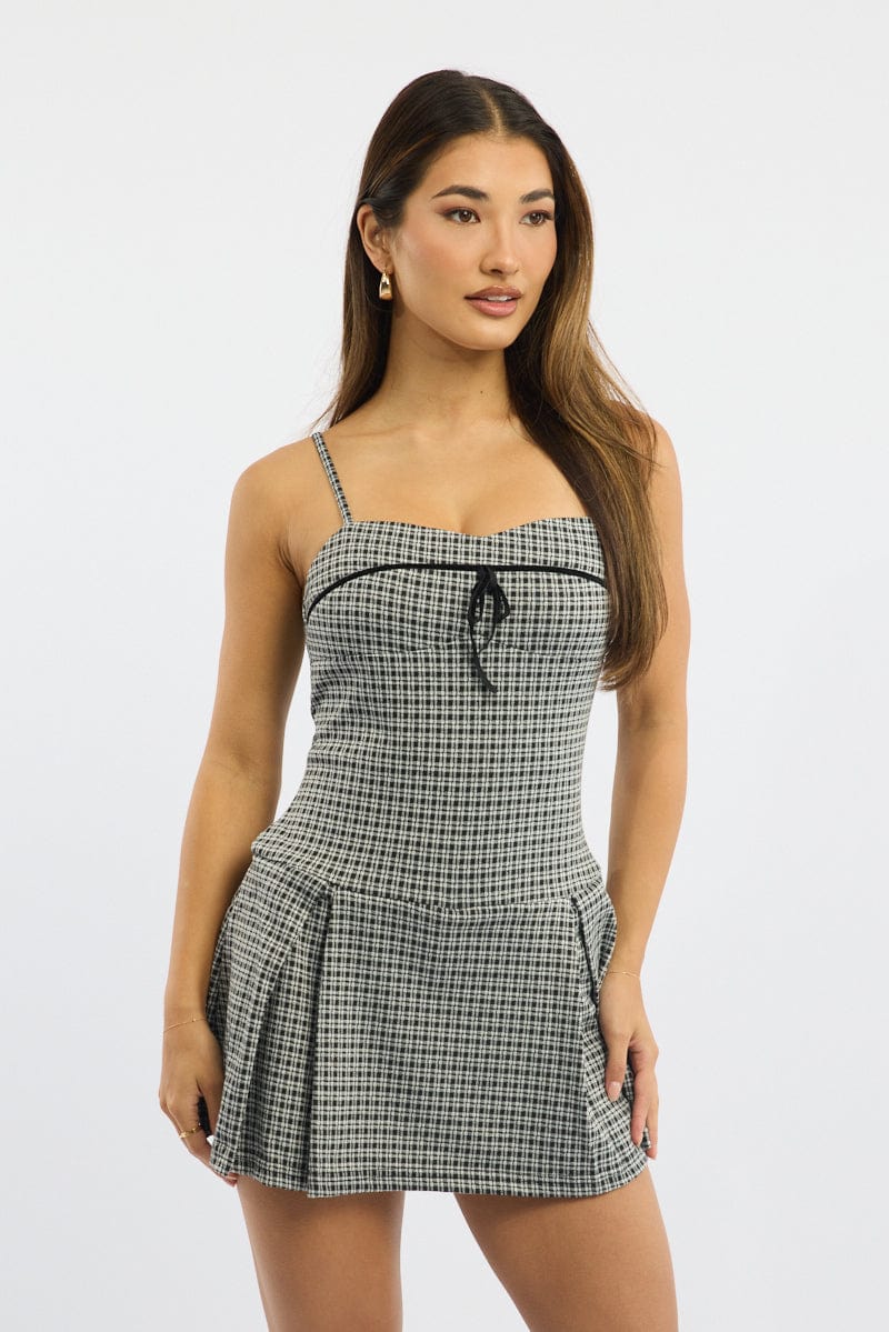Black Check Mini Dress Pleated