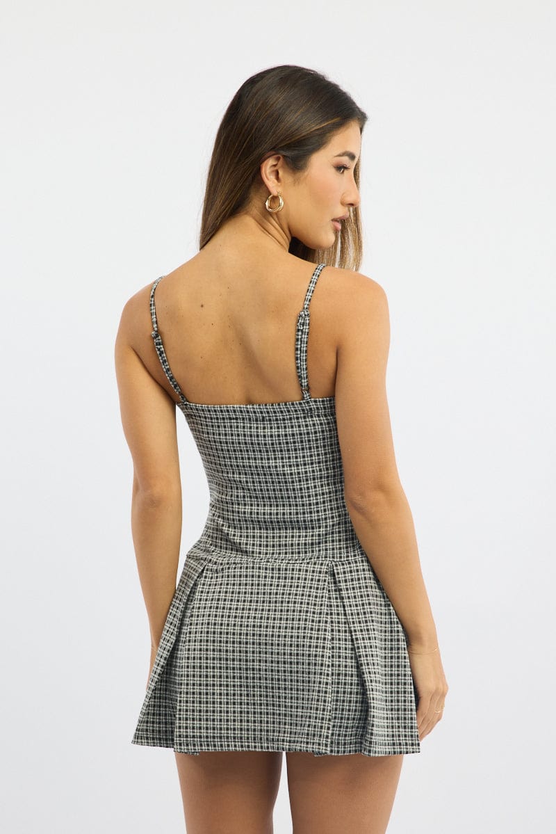 Black Check Mini Dress Pleated