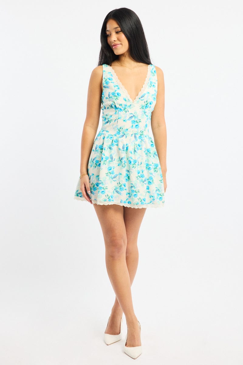 Blue Floral Mini Dress V-neck Lace Trim