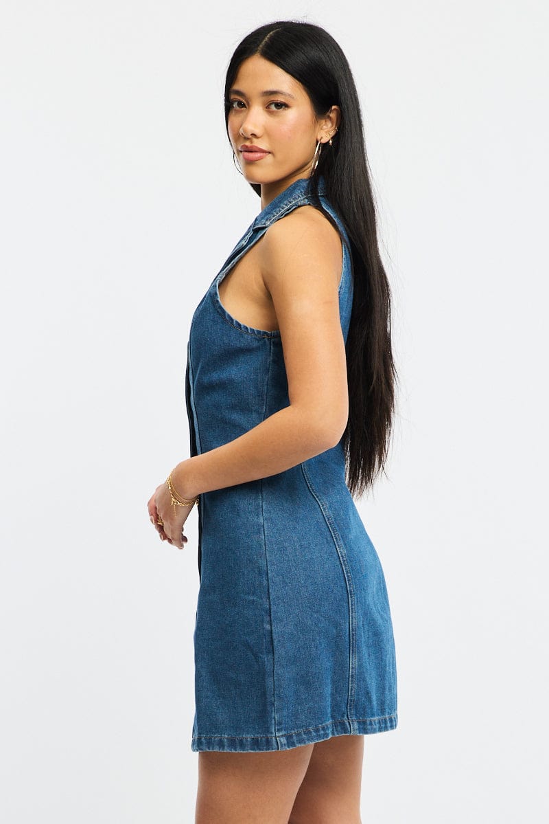 Blue Denim Halter Neck Dress Mini
