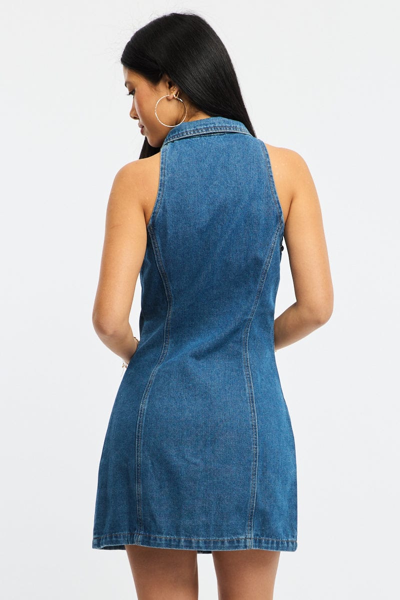 Blue Denim Halter Neck Dress Mini