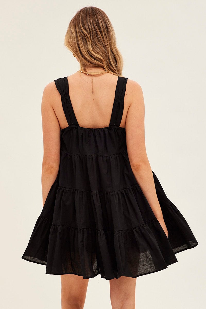 Black Mini Dress Round Neck Tiered Smock