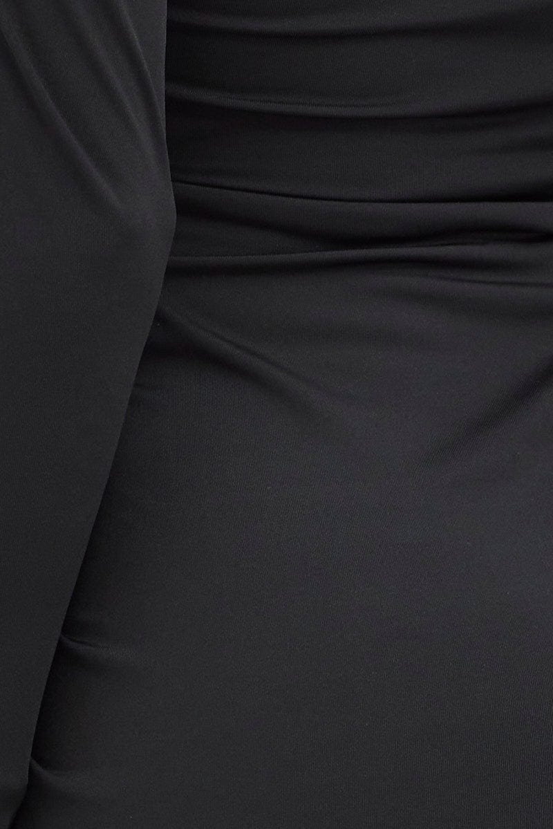 Black Mini Dress Long Sleeve V-Neck Bodycon Ruched Waist