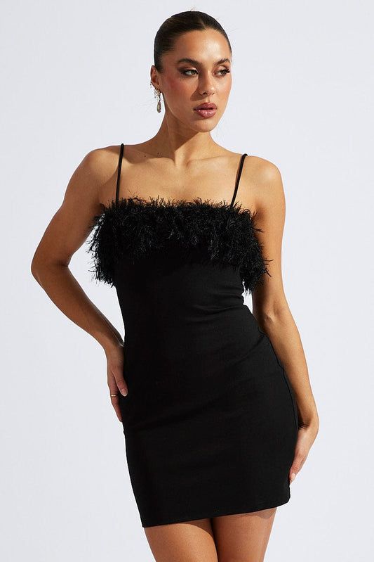 Black Faux Feather Trim Bodycon Strappy Mini Dress