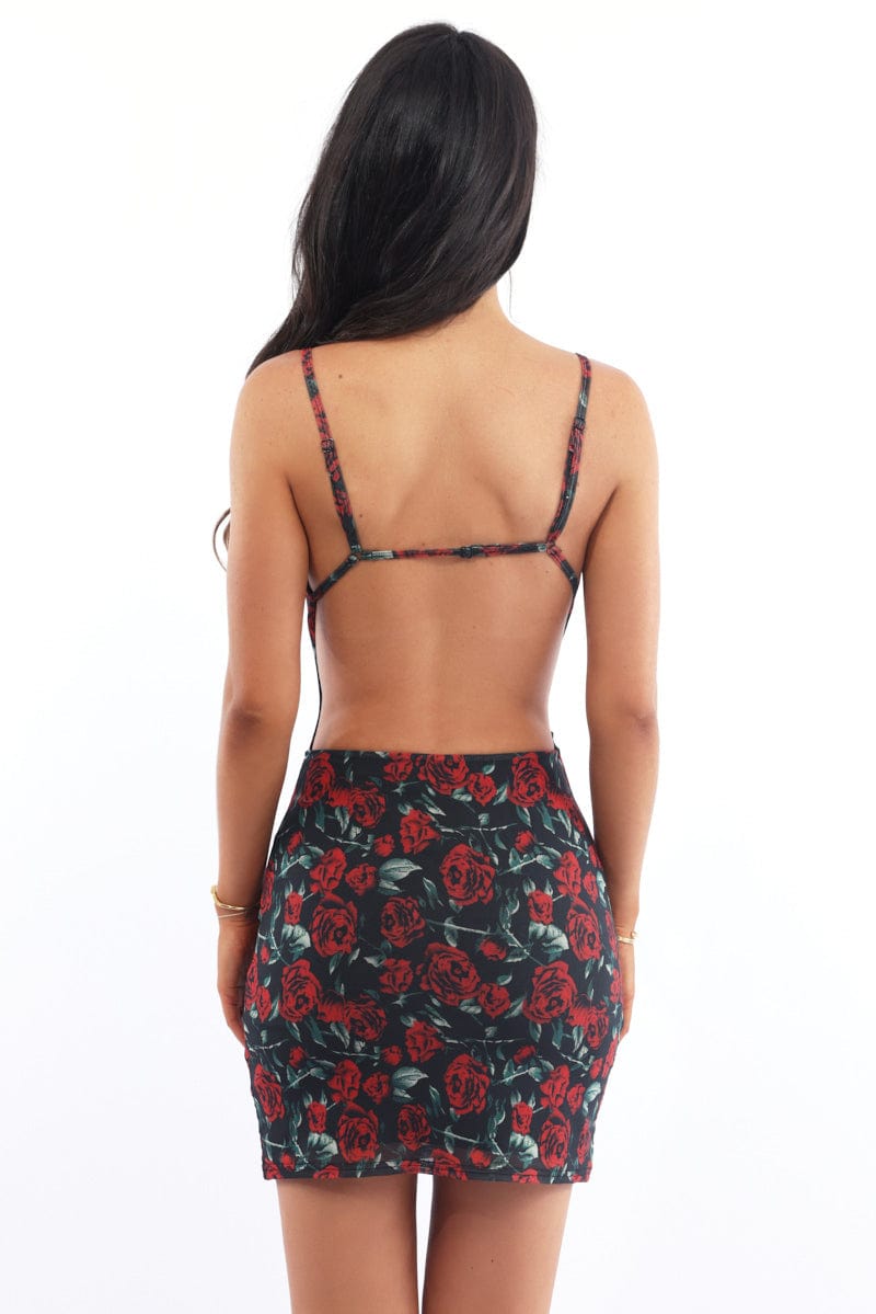 Black Floral Bodycon Dress Mini Mesh