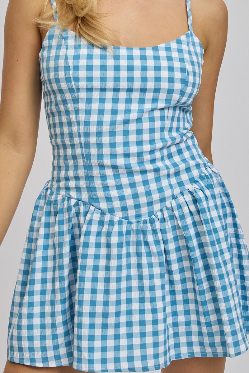 Blue Check Fit And Flare Dress Mini