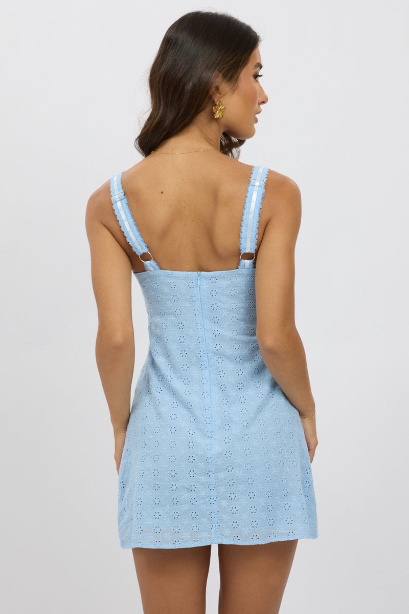 Blue Mini Dress Lace Trim Sleeveless Eyelet Fabric