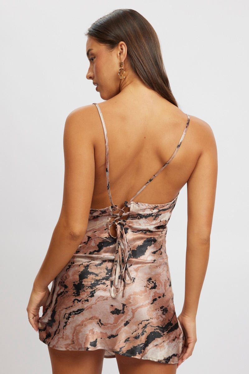 Beige Animal Print Mini Dress Cowl Neck