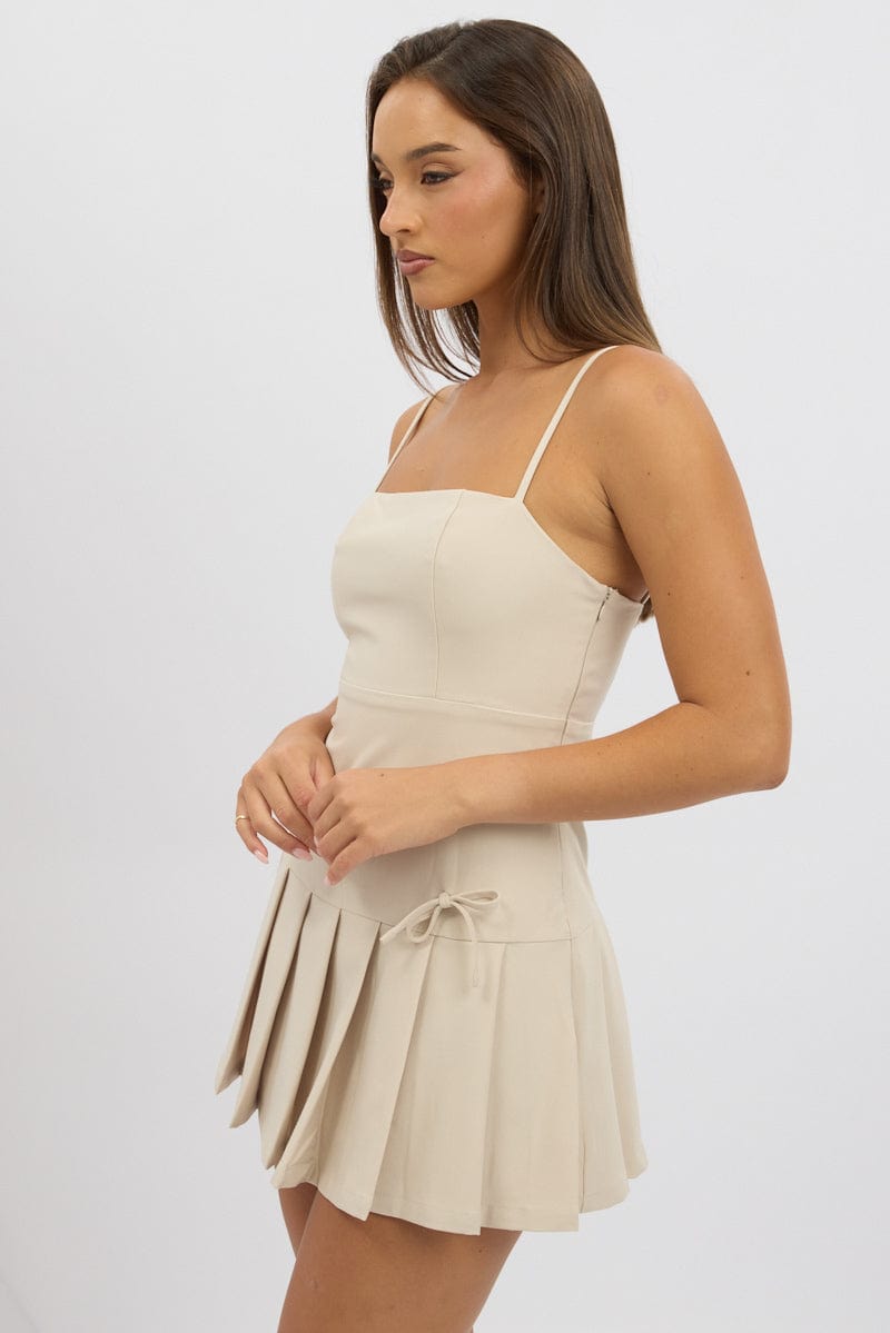 Beige Pleated Mini Dress