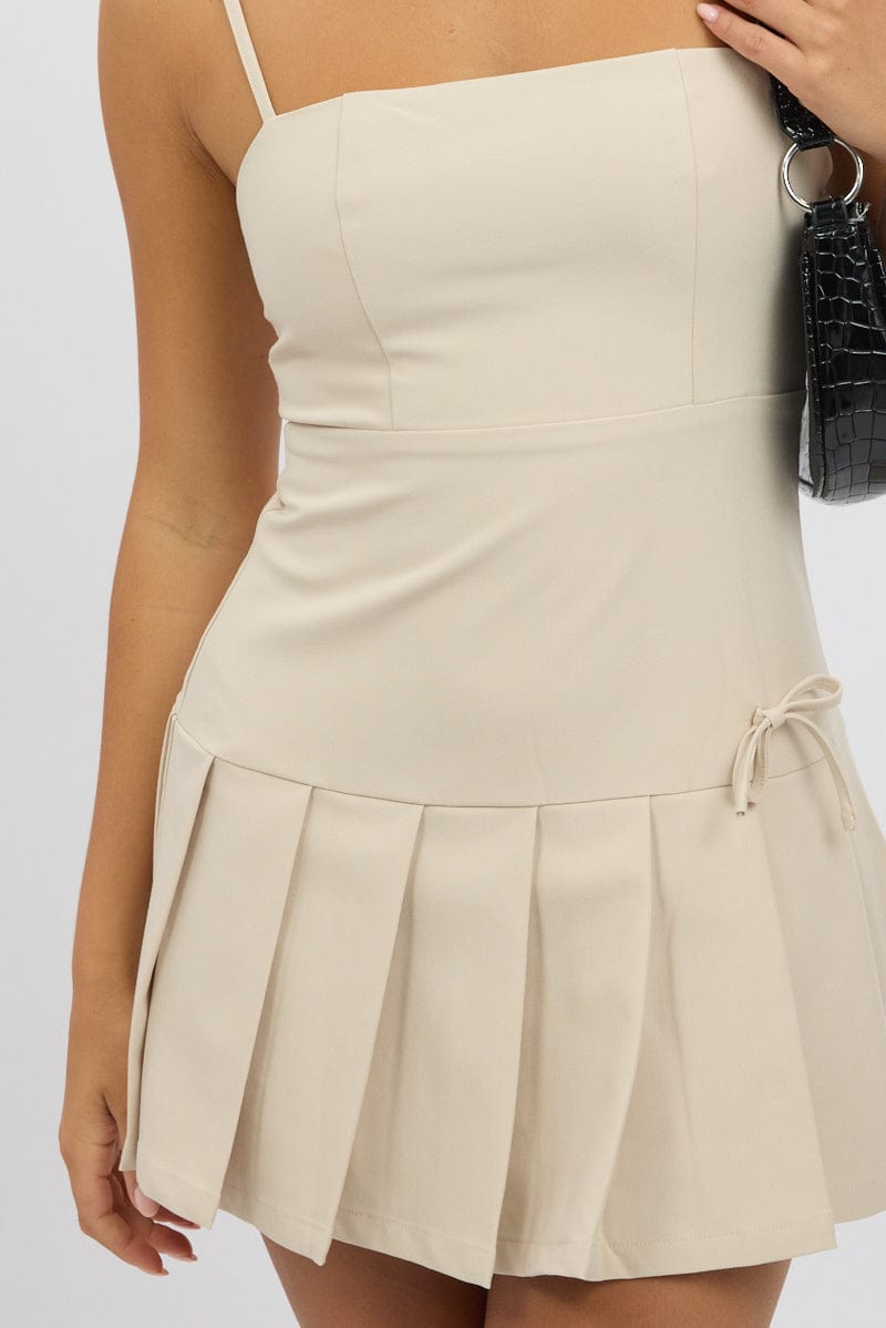 Beige Pleated Mini Dress