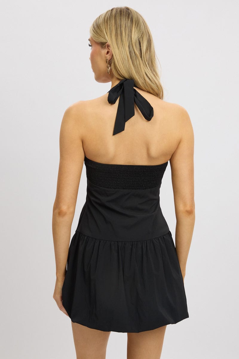 Black Bubble Dress Mini Halter Neck