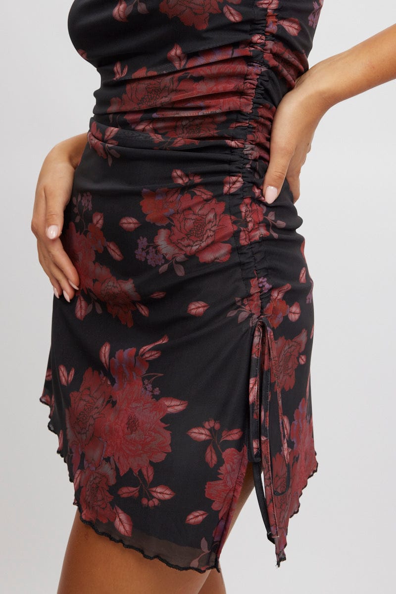 Black Floral Strapless Dress Mini Mesh