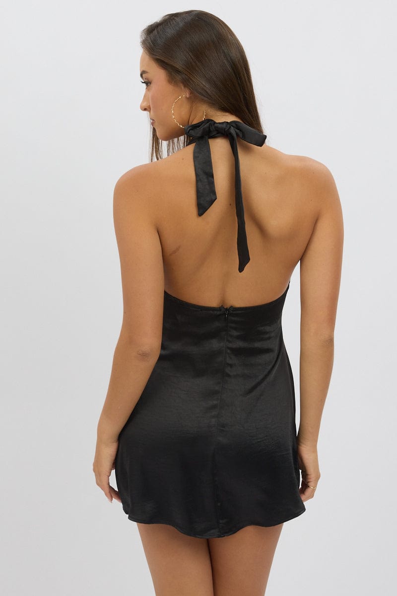 Black Halter Neck Dress Mini Satin