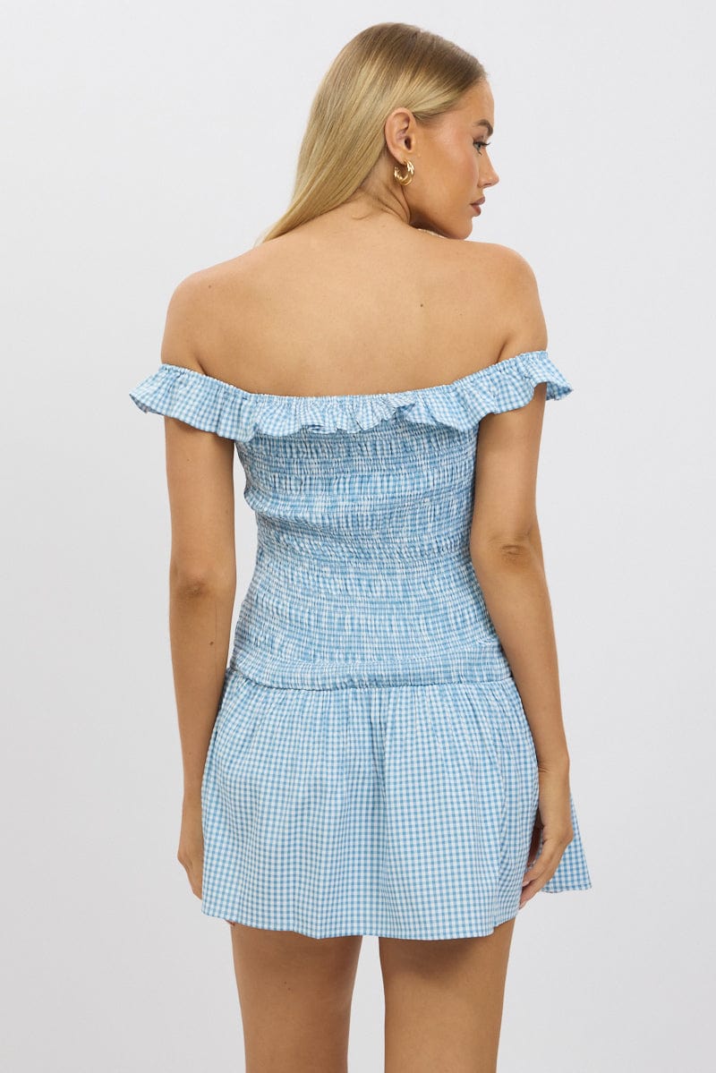 Blue Check Shirred Mini Dress