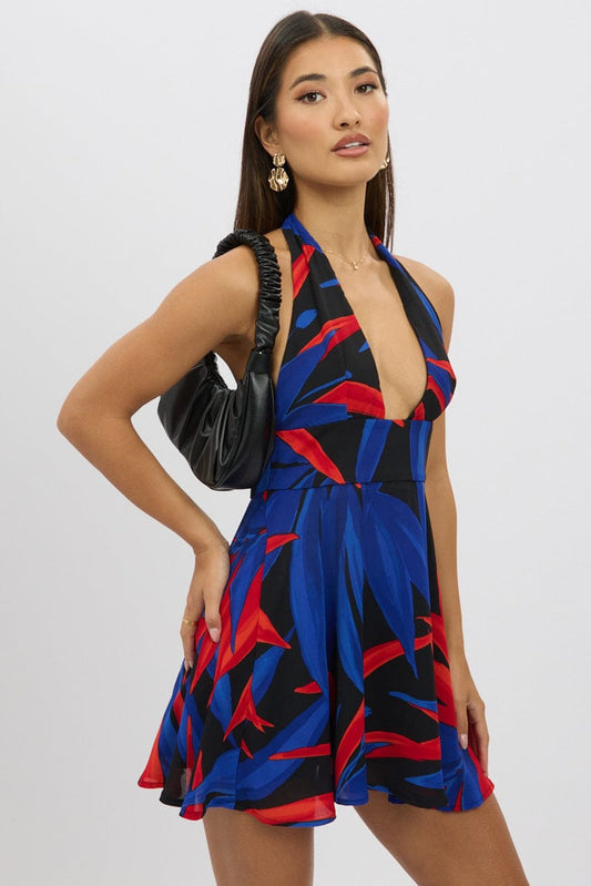 Black Floral Halter Neck Dress Mini