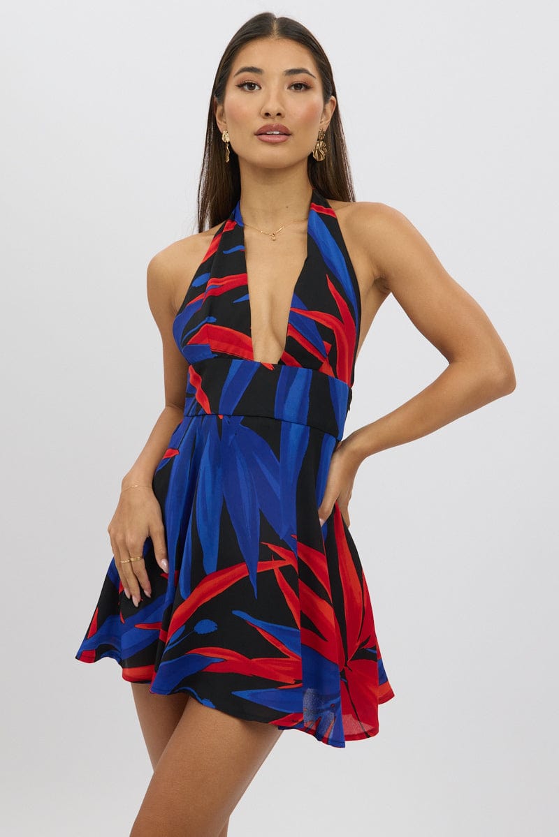 Black Floral Halter Neck Dress Mini