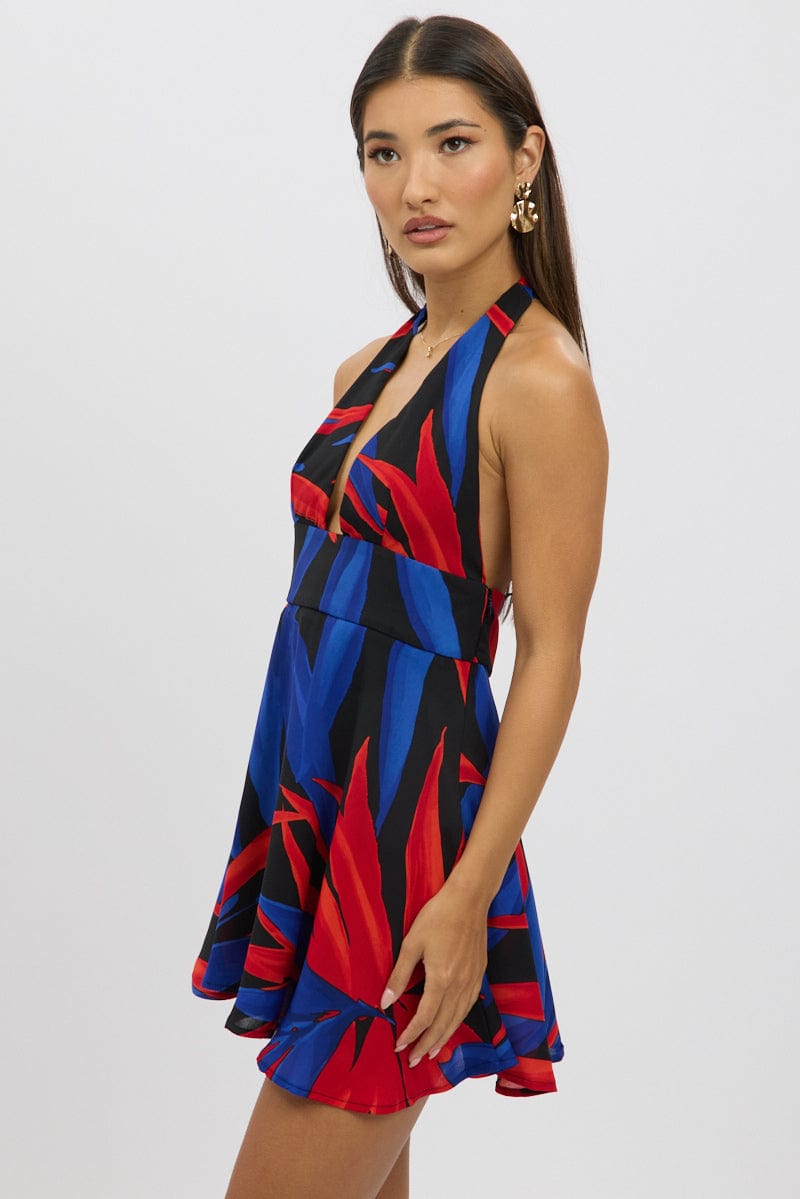 Black Floral Halter Neck Dress Mini