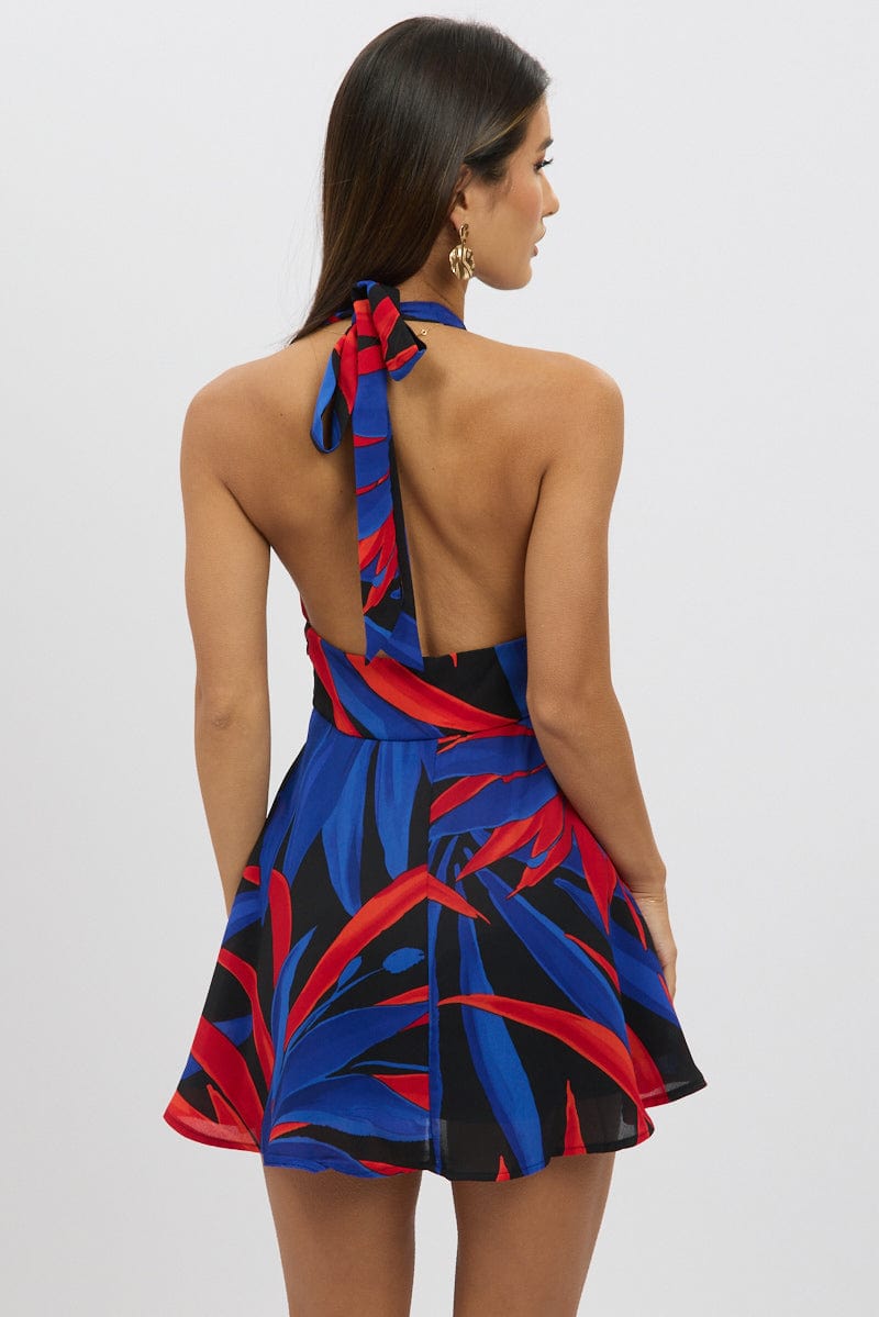 Black Floral Halter Neck Dress Mini