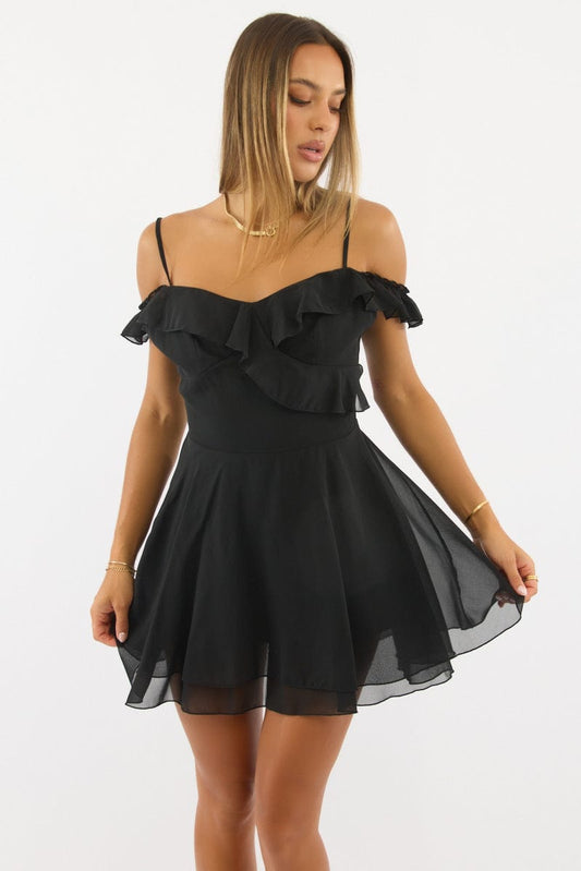 Black Mini Dress Ruffle Detail Chiffon