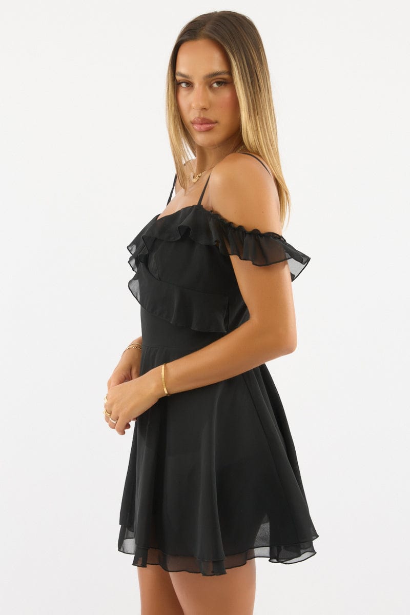 Black Mini Dress Ruffle Detail Chiffon