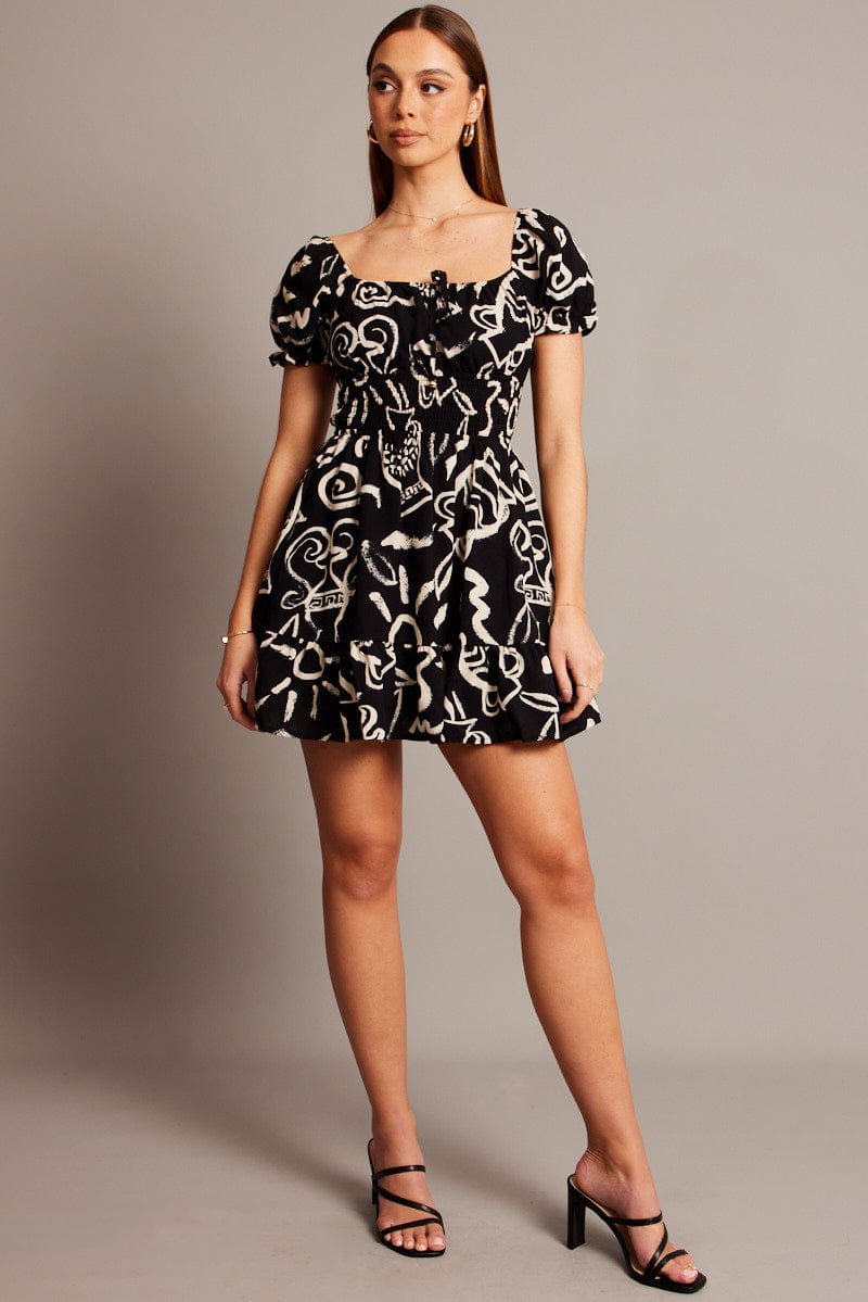 Black Abstract Fit And Flare Dress Mini
