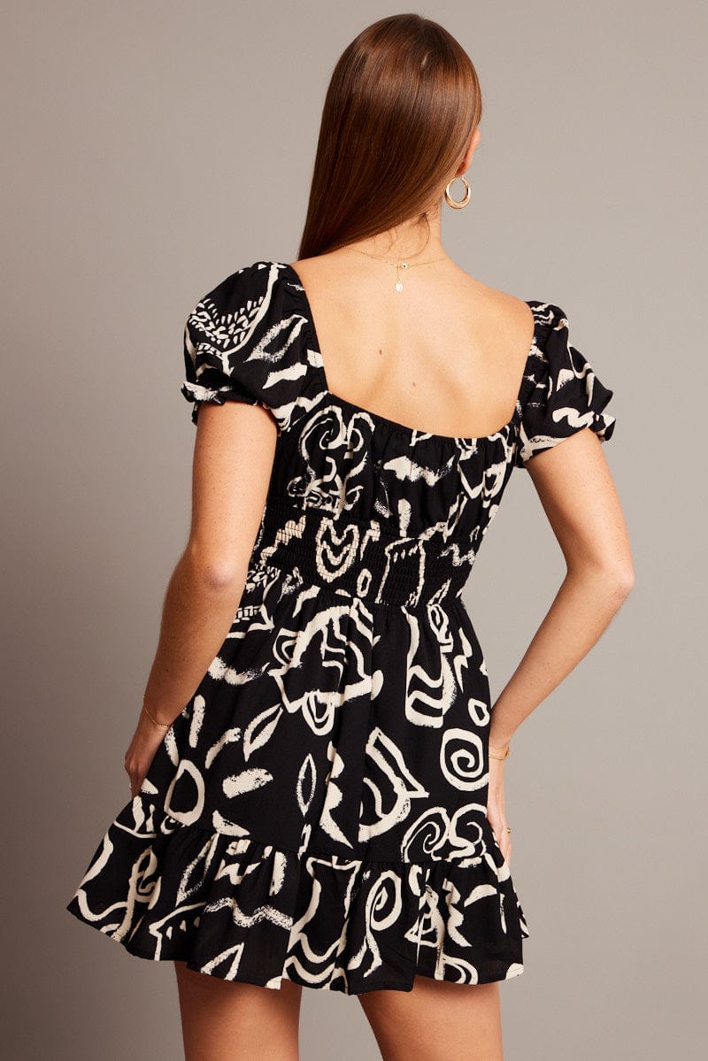 Black Abstract Fit And Flare Dress Mini