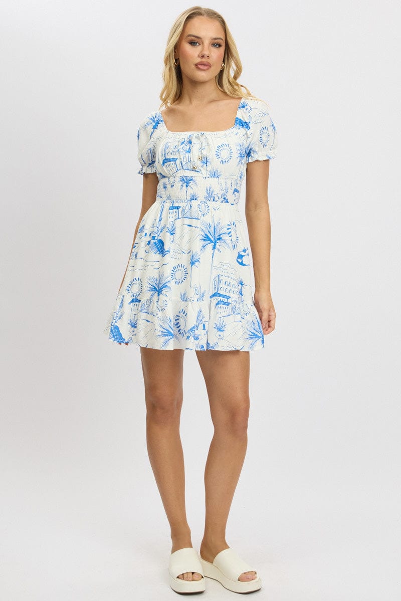 Blue Abstract Fit And Flare Dress Mini