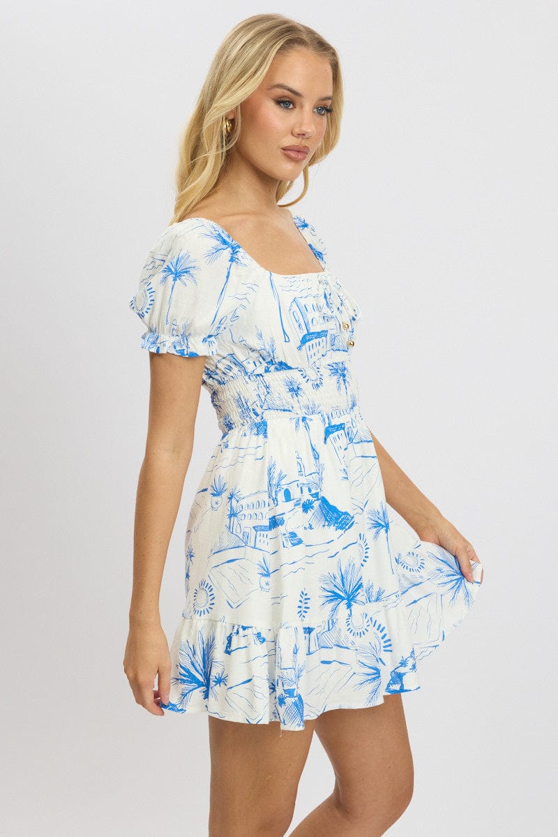 Blue Abstract Fit And Flare Dress Mini