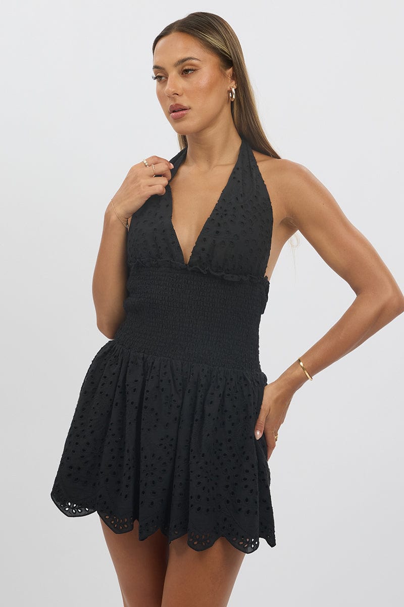 Black Halter Neck Dress Mini Eyelet Fabric