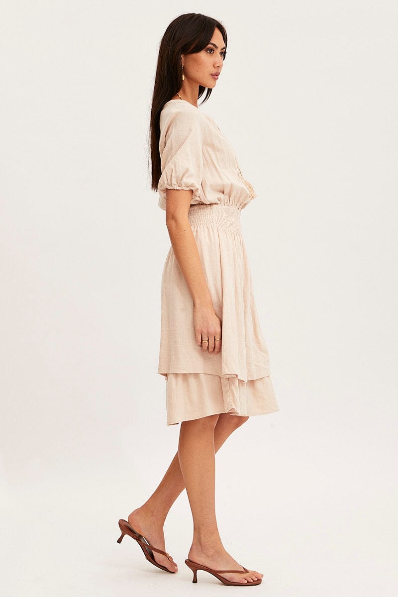 Beige Midi Dress Short Sleeve V Neck